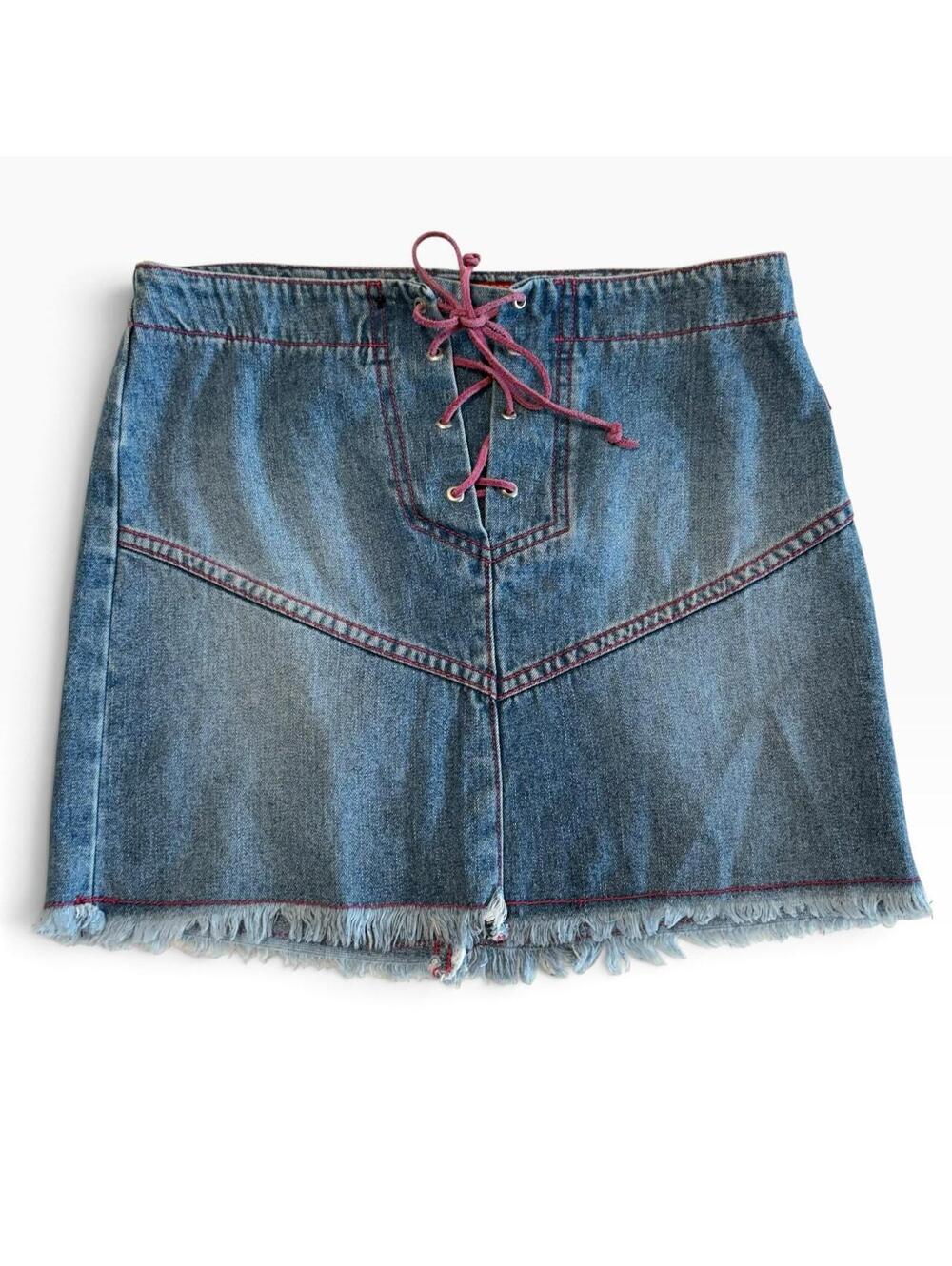 Hot Kiss denim mini skirt with lace up detail and frayed hem